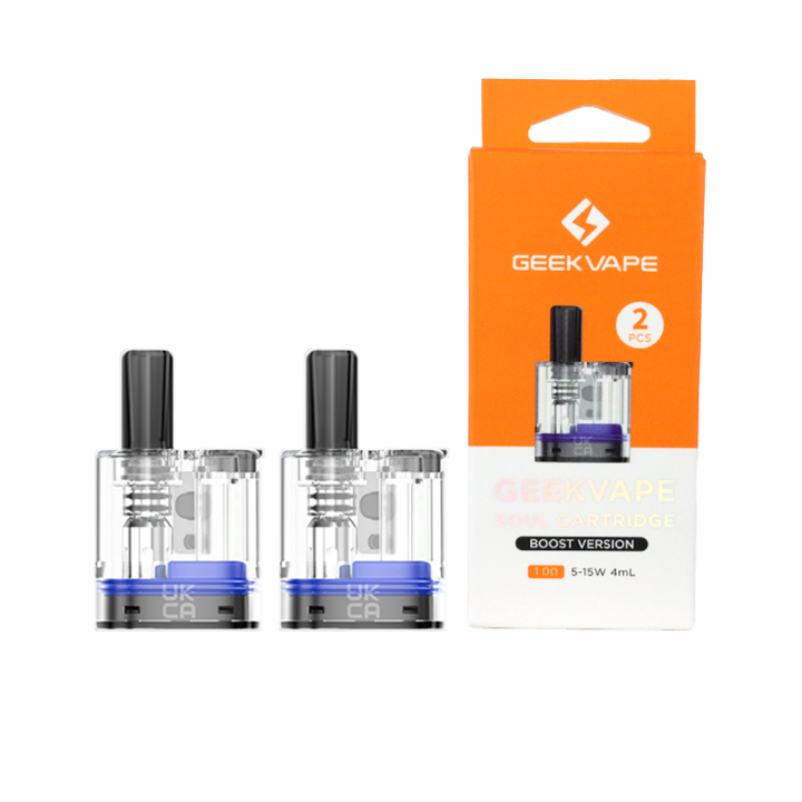 Deux cartouches Soul Boost Version Geekvape 1 ohm à base bleue et leur boîte