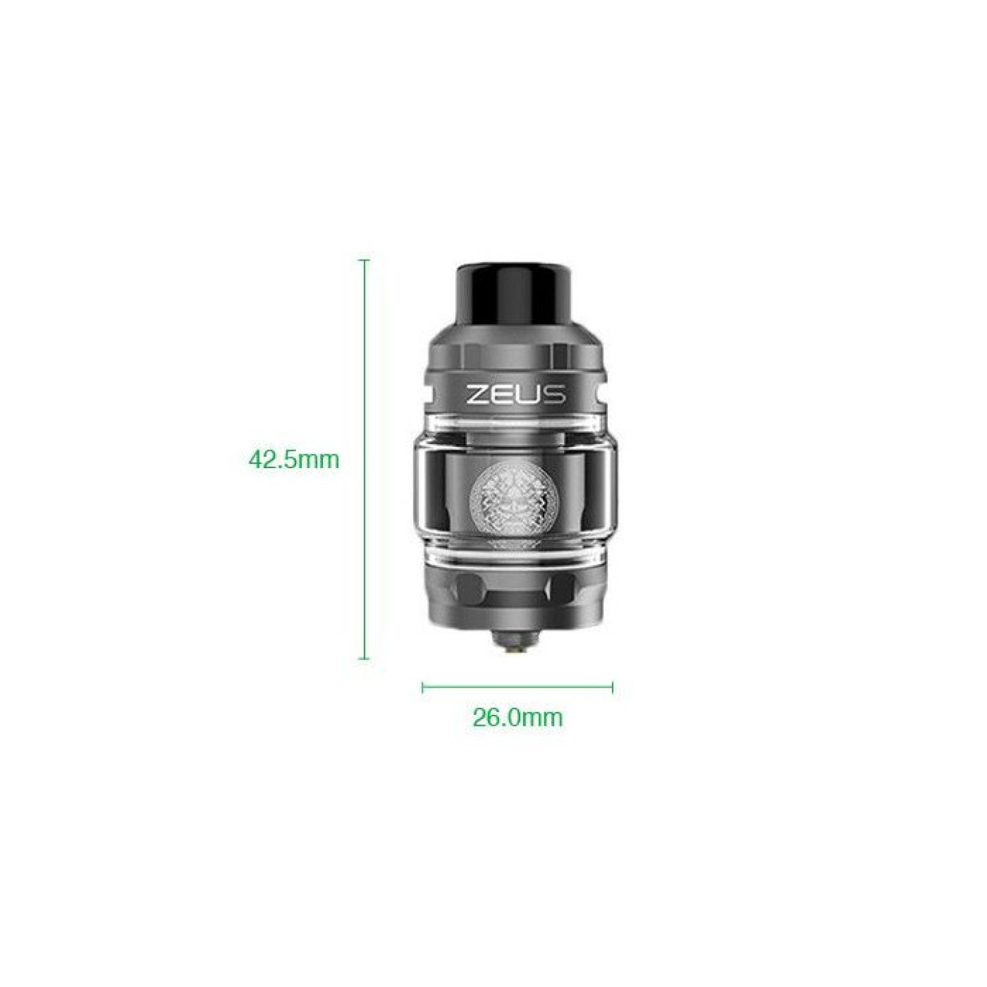 Clearomiseur Zeus Sub-Ohm Geekvape coloris Gunmetal et ses dimensions, 26 x 42,5 mm