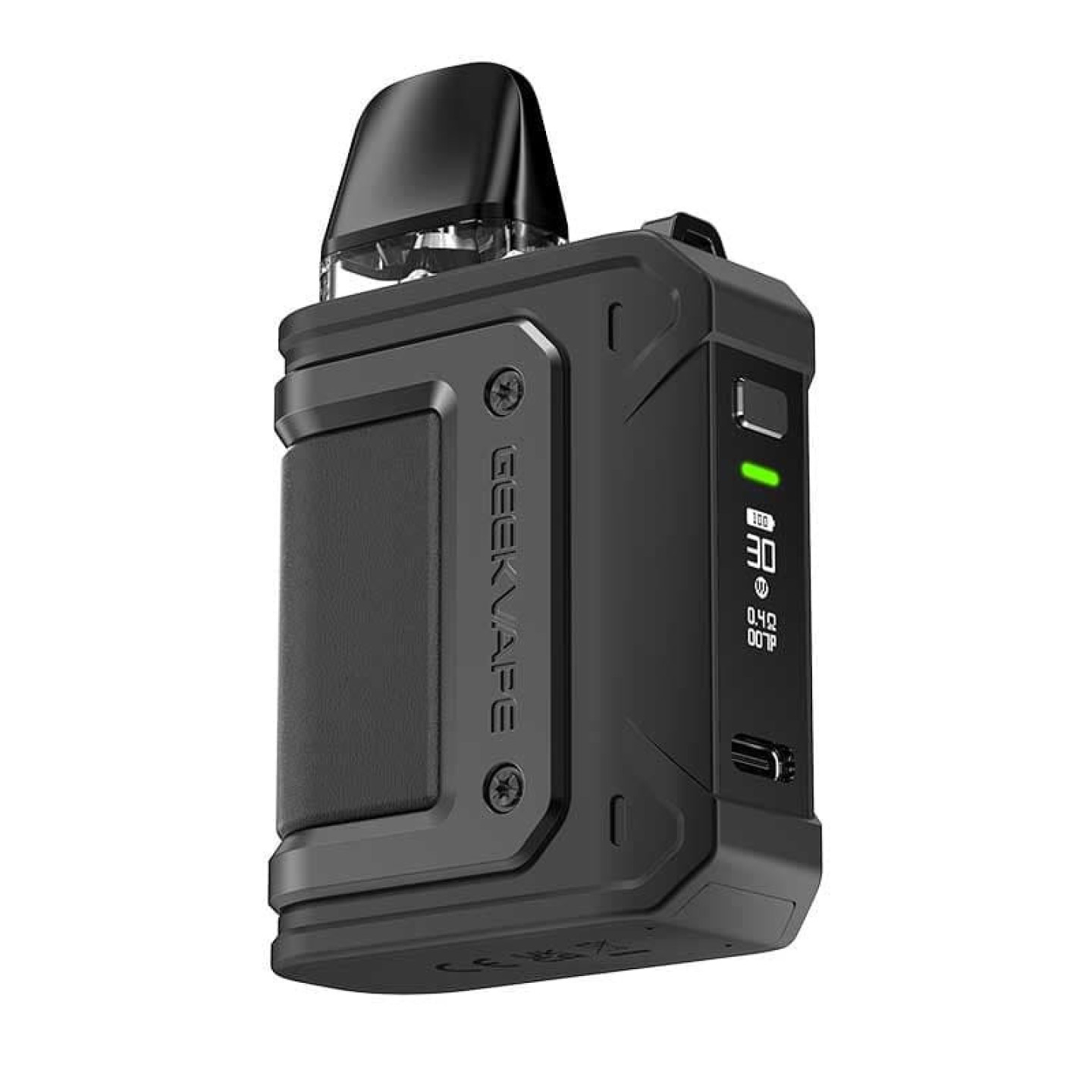 Kit Pod Aegis Hero Q Geekvape coloris Black, vue en contre-plongée avec l'écran et le port USB-C