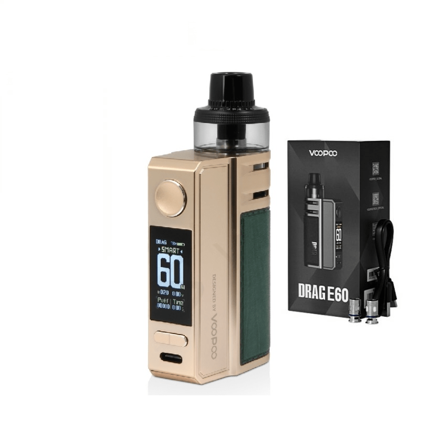 Kit Pod Drag E60 Voopoo coloris Golden, vue de face avec son coffret