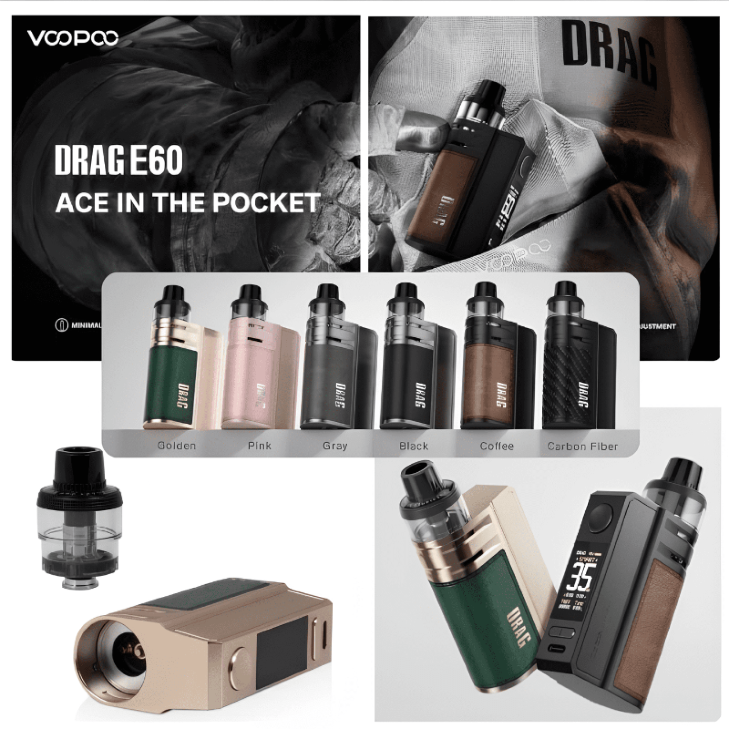 Gamme de coloris et détails du kit pod Drag E60 Voopoo