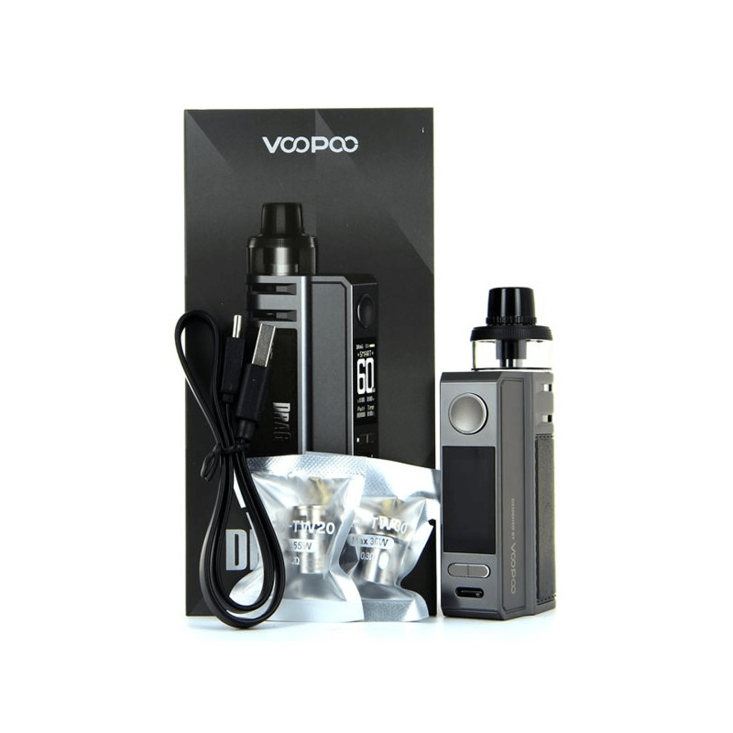 Contenu de la boîte du kit Drag E60 Voopoo coloris Gray : câble USB-C et deux résistances PnP