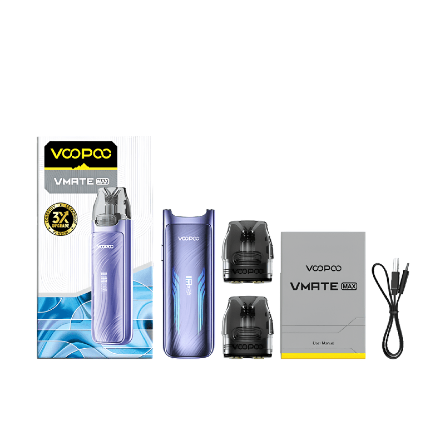 Contenu de la boîte du kit VMate Max : appareil, deux cartouches Top Fill et câble USB-C