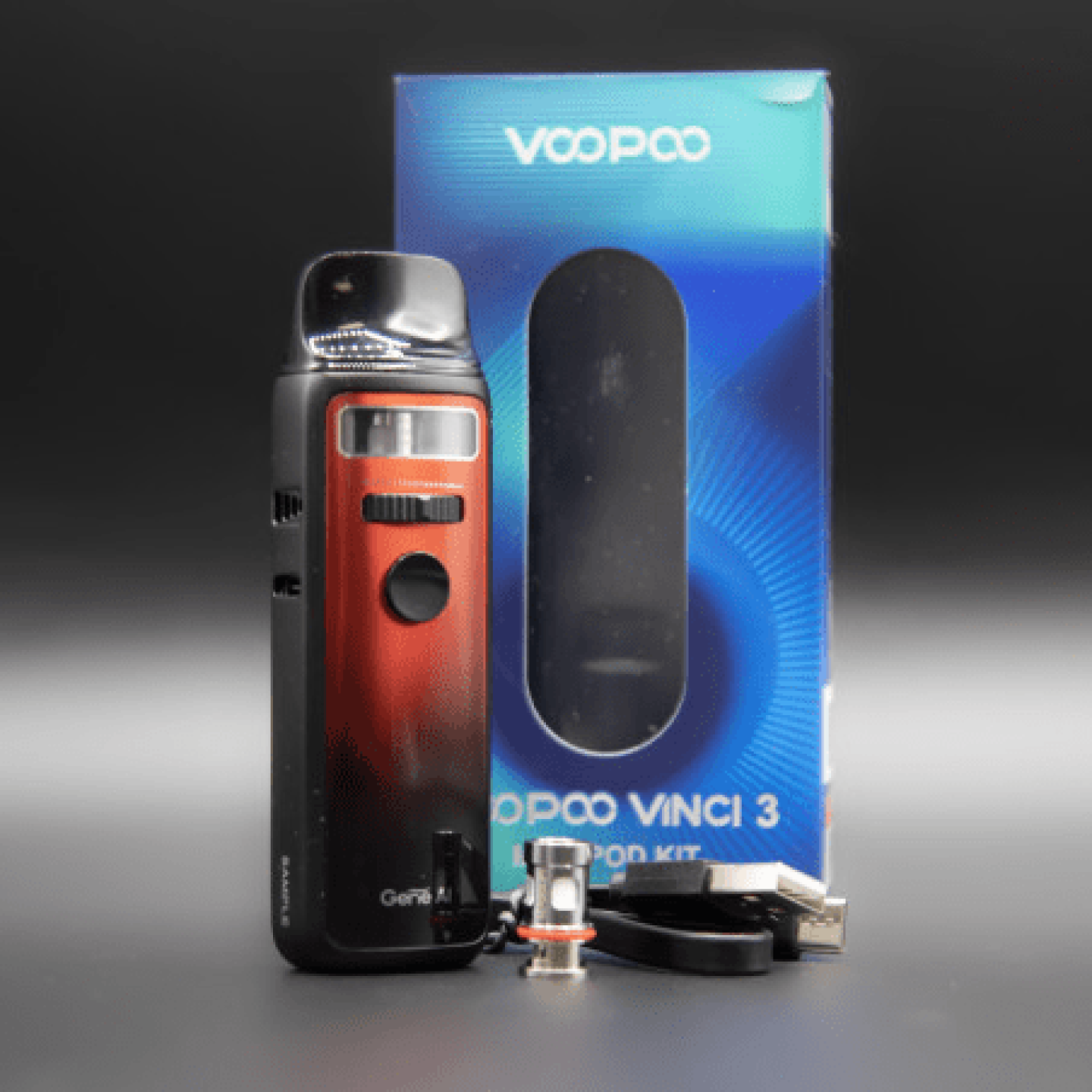 Contenu de la boîte du kit Vinci 3 Voopoo coloris Aurora Red : câble USB-C et résistance