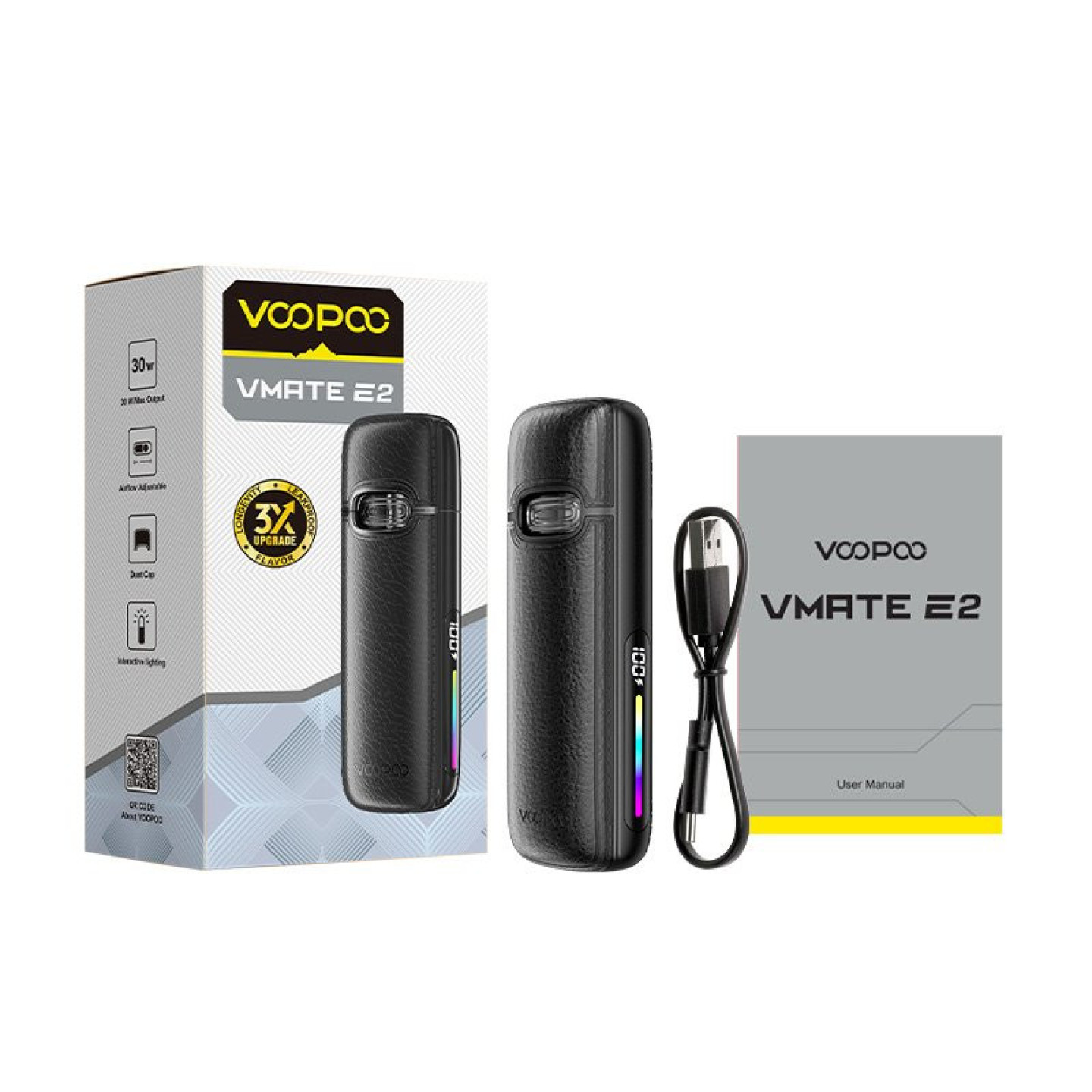 Contenu de la boîte du kit VMate E2 : appareil, câble USB-C et manuel