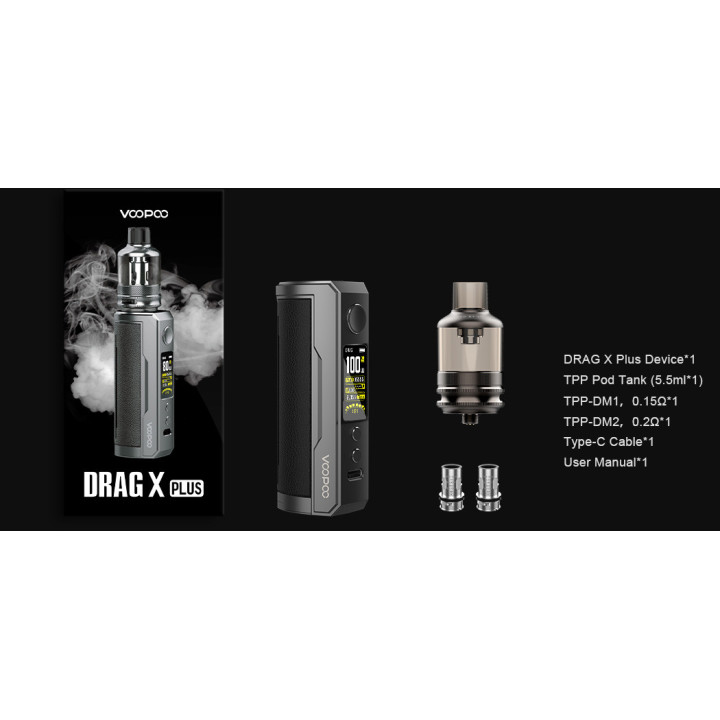 Contenu de la boîte du kit Drag X Plus Voopoo : mod, TPP Pod Tank, résistances, câble et manuel