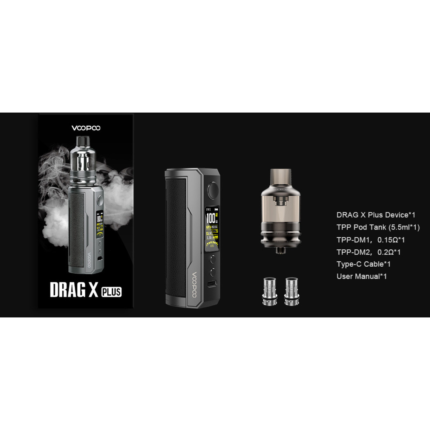Contenu de la boîte du kit Drag X Plus Voopoo : mod, TPP Pod Tank, résistances, câble et manuel