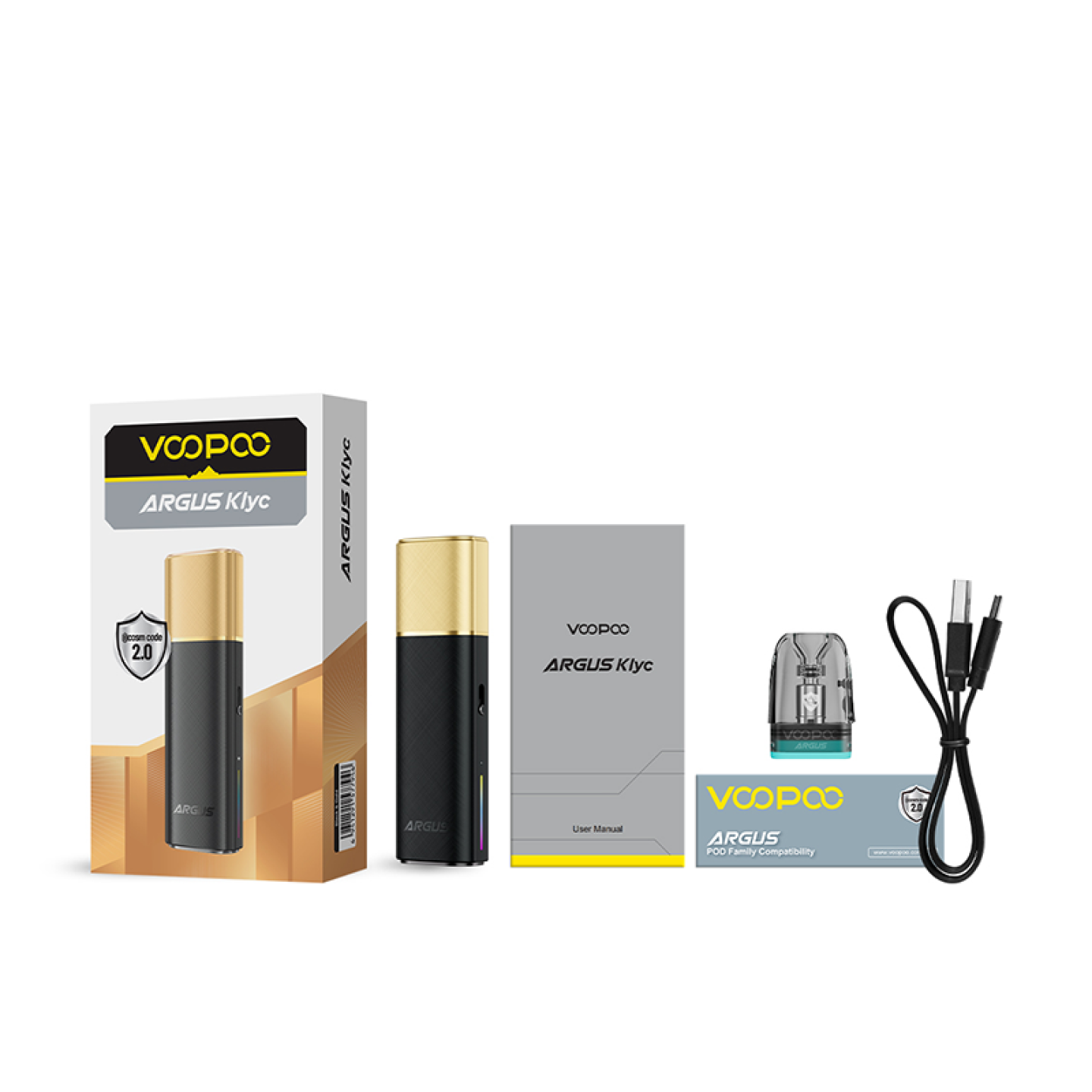 Contenu de la boîte du kit Argus Klyc : mod, câble USB-C, manuel et guide de compatibilité