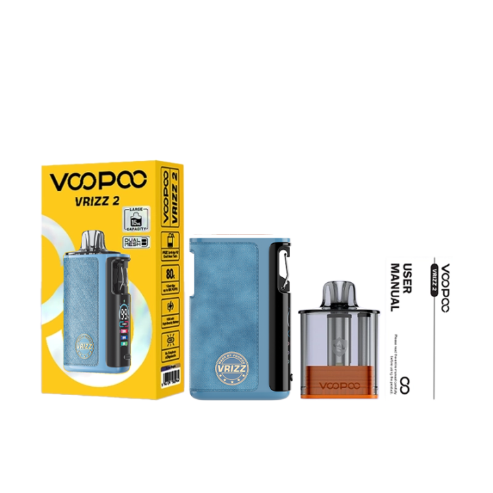 Contenu de la boîte du kit Vrizz 2 Voopoo : coffret, cartouche 15 ml et manuel
