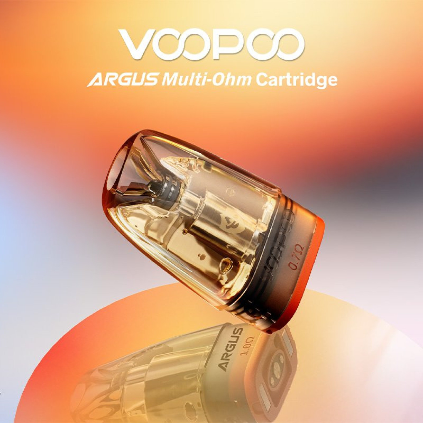 Cartouche Argus Multi-Ohm Voopoo penchée, réglages 0.7 et 1 ohm gravés