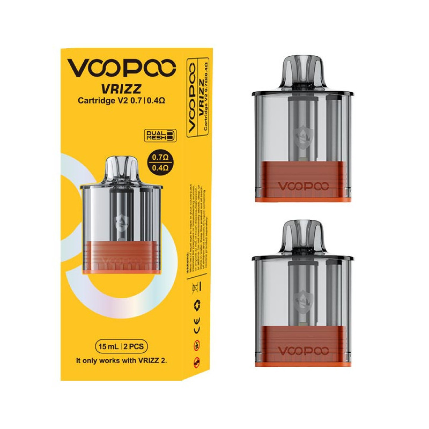 Cartouches Vrizz 2 Voopoo, boîte et deux cartouches Dual Mesh 0.7 et 0.4 ohm