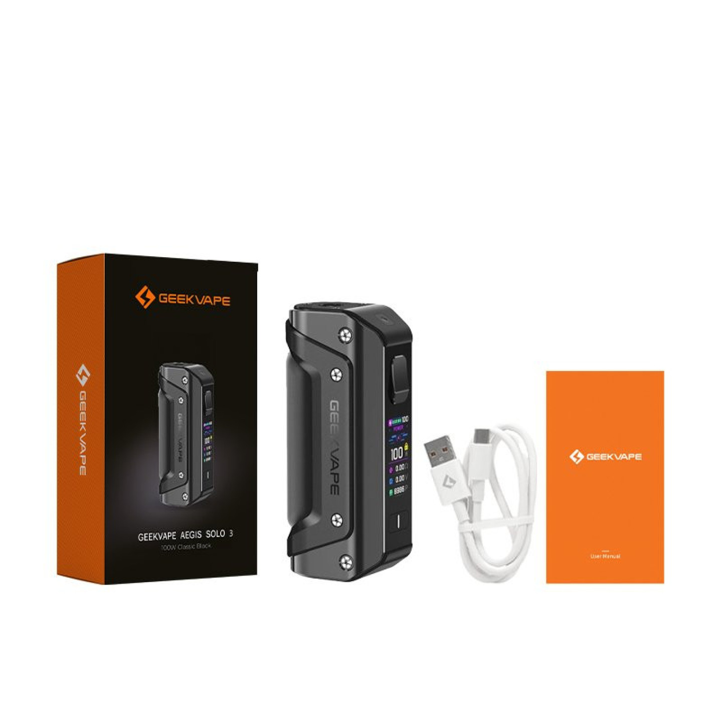 Contenu de la boîte de la box Aegis Solo 3 : box, câble USB-C et manuel
