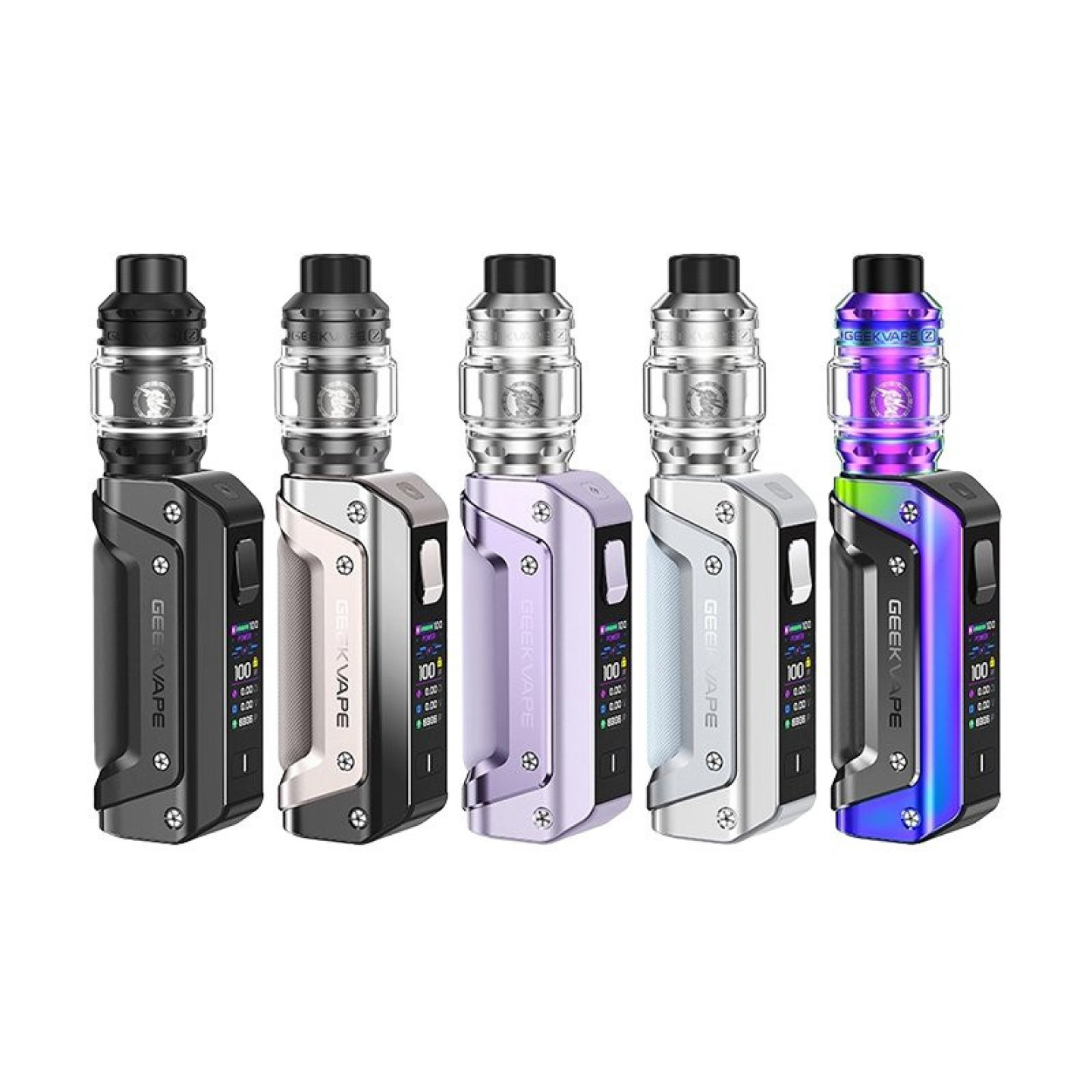 Cinq coloris du kit Aegis Solo 3 Geekvape alignés
