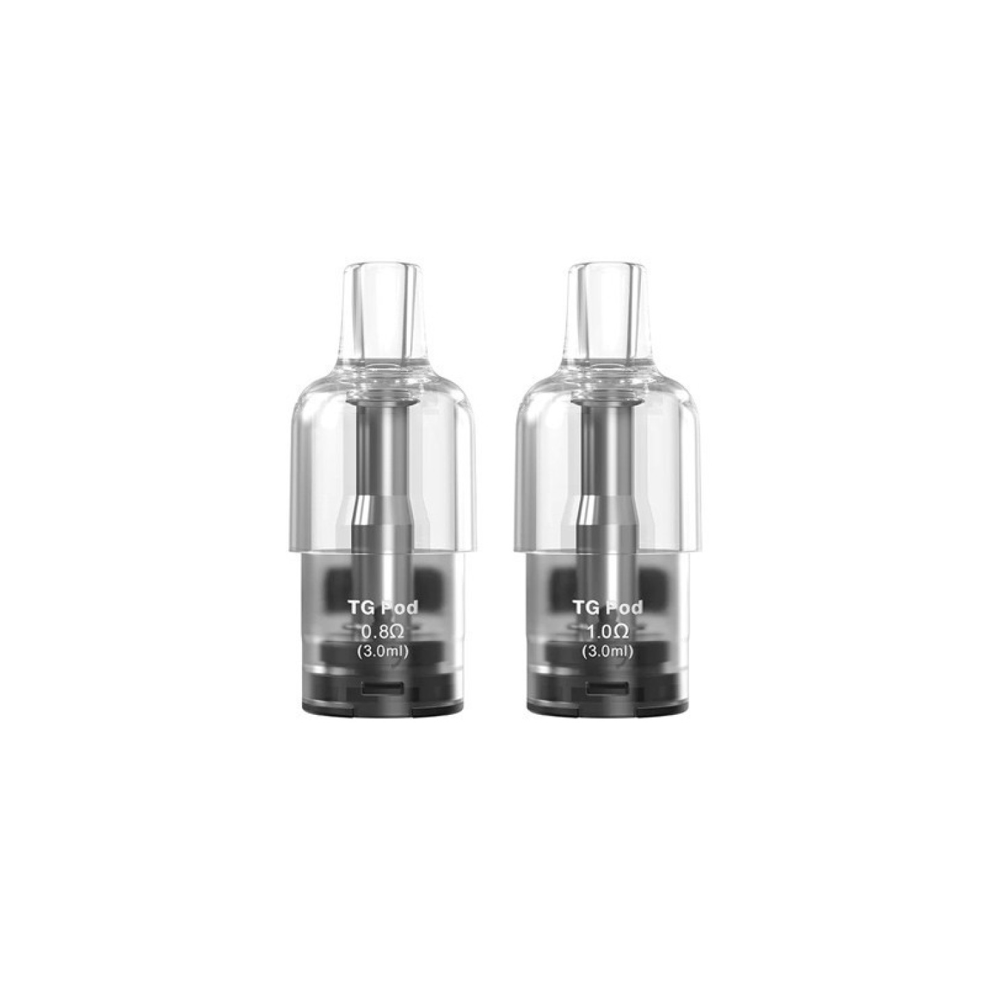 Cartouches TG Pod Aspire 0.8 ohm et 1 ohm côte à côte, valeurs imprimées
