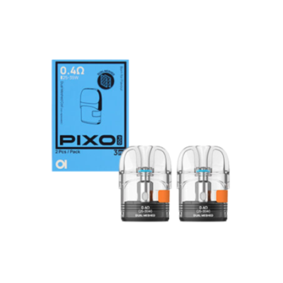 Boîte de 2 cartouches Pixo Dual Mesh Aspire 0.4 ohm posée derrière les deux cartouches