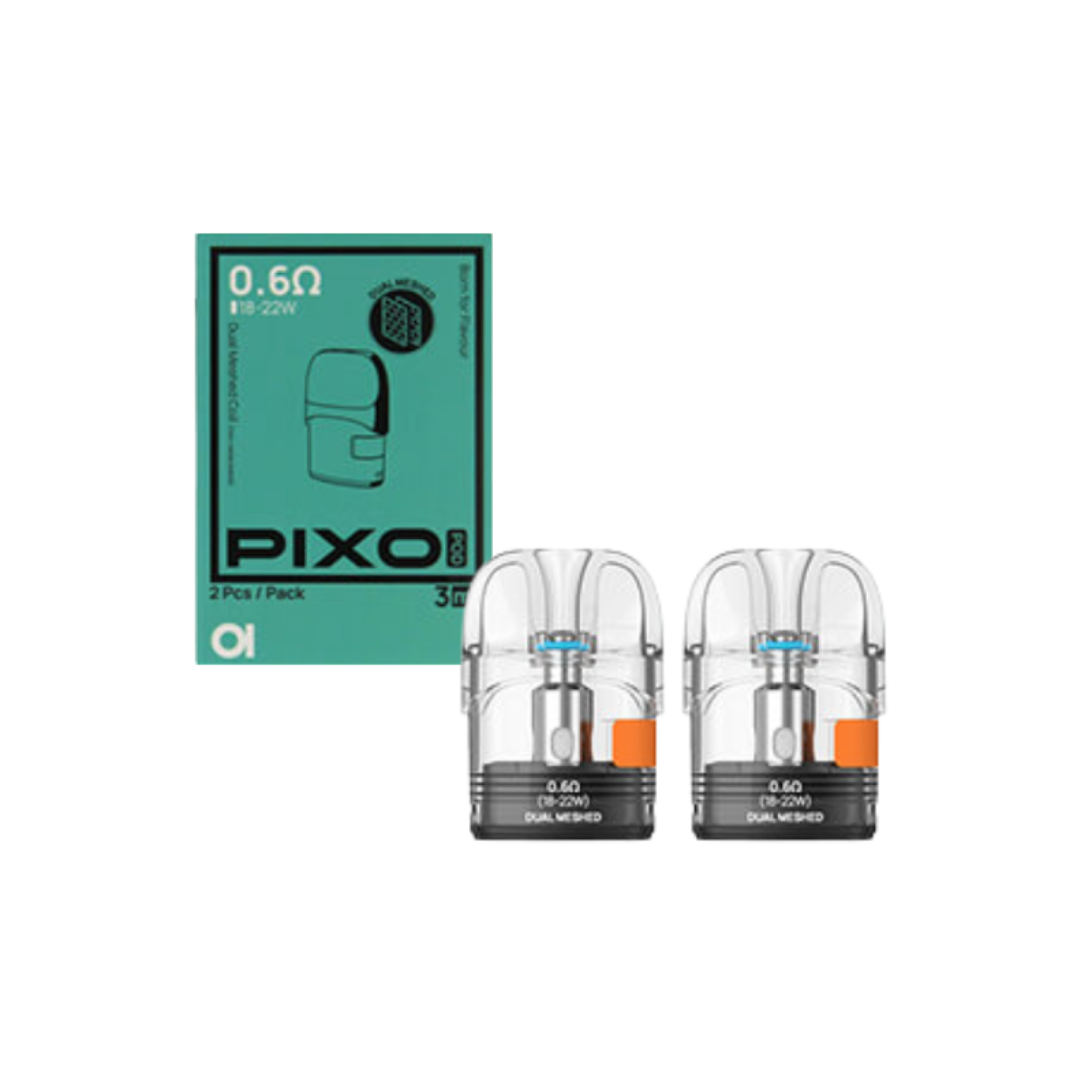 Deux cartouches Pixo Dual Mesh Aspire 0.6 ohm devant leur boîte verte