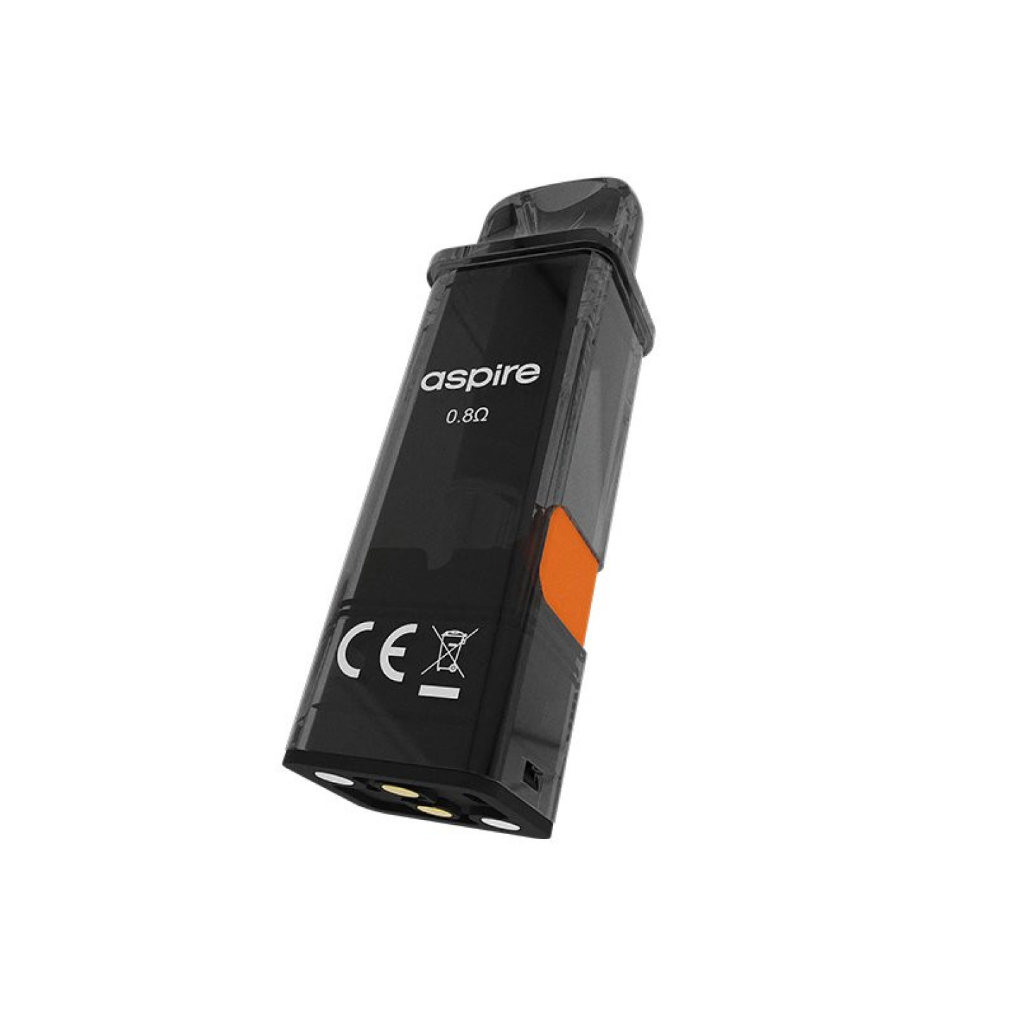 Cartouche Gotek Aspire 0.8 ohm vue de biais, avec son bouchon latéral orange