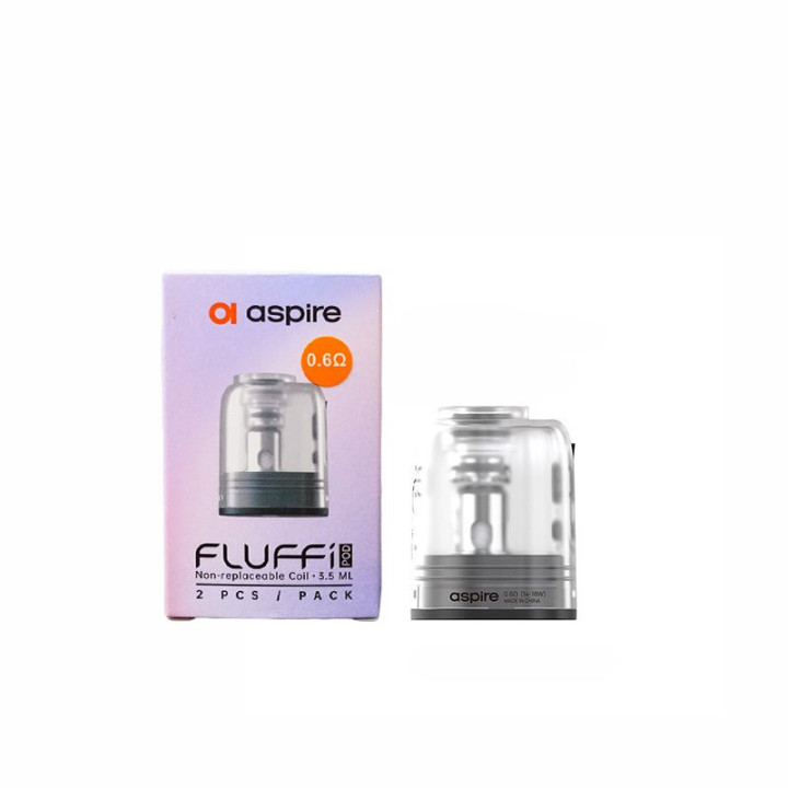 Boîte Fluffi Aspire 0.6 ohm 3.5 ml par 2 à côté d'une cartouche