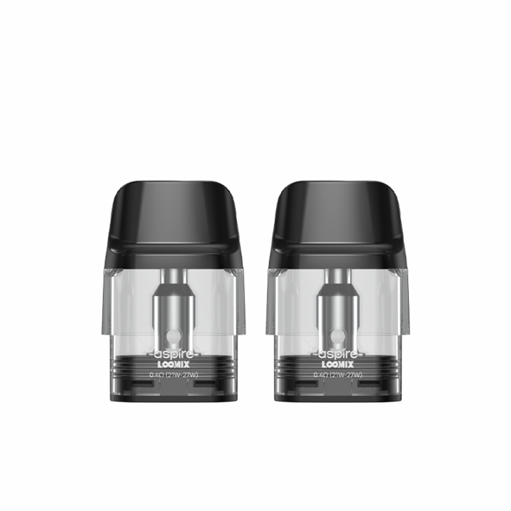 Deux cartouches Loomix Aspire 0.4 ohm à capuchon noir, vue de face