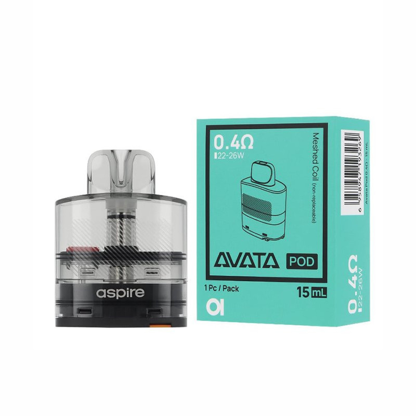 Cartouche Avata Aspire devant sa boîte turquoise 0.4 ohm 15 ml