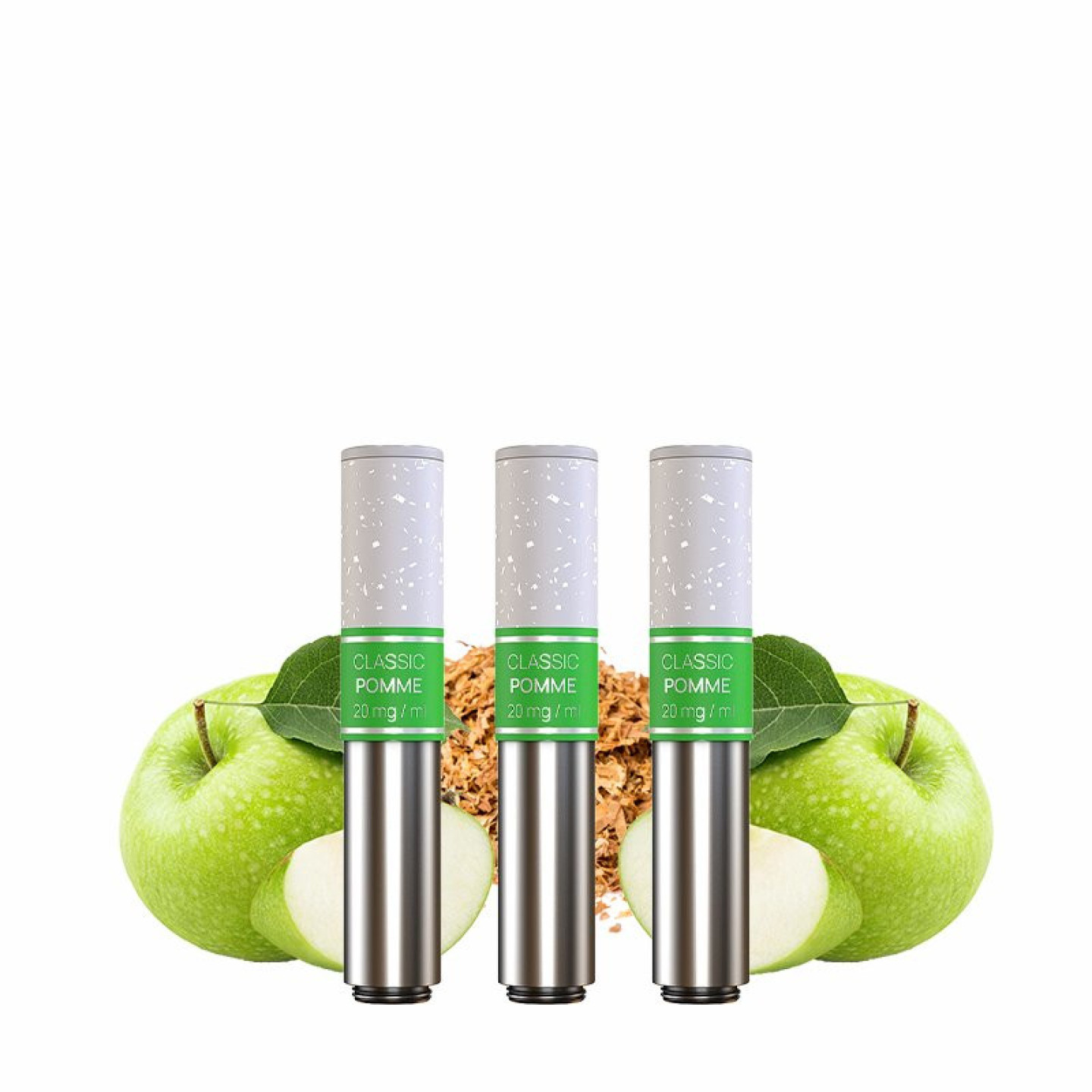 Cartouches Nexi One Aspire saveur Classic Pomme devant des pommes vertes