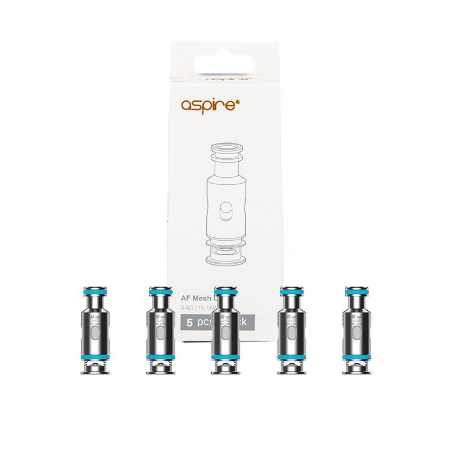 Boîte de 5 résistances AF Mesh Aspire 0.6 ohm devant ses résistances