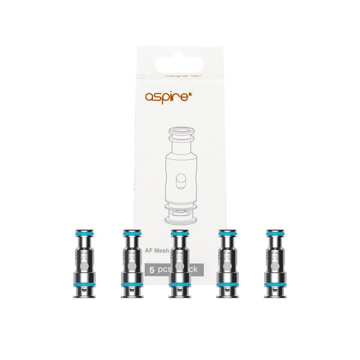 Boîte de 5 résistances AF Mesh Aspire 1 ohm devant ses résistances
