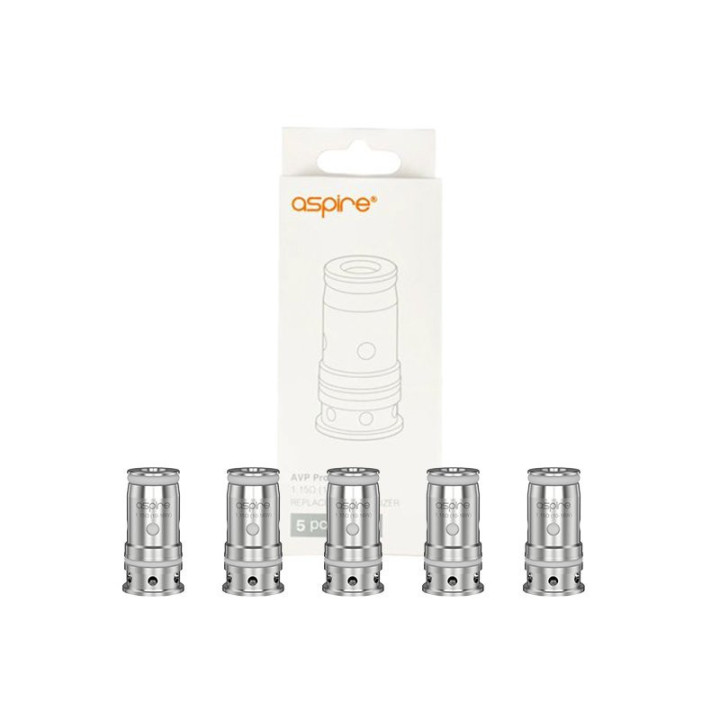 Boîte de 5 résistances AVP Pro Aspire 1.15 ohm devant ses résistances à joint gris