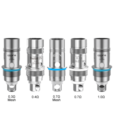 Résistances Nautilus Aspire Mesh 0.3, 2S 0.4, 2S Mesh 0.7, 0.7 et Mesh 1 ohm côte à côte