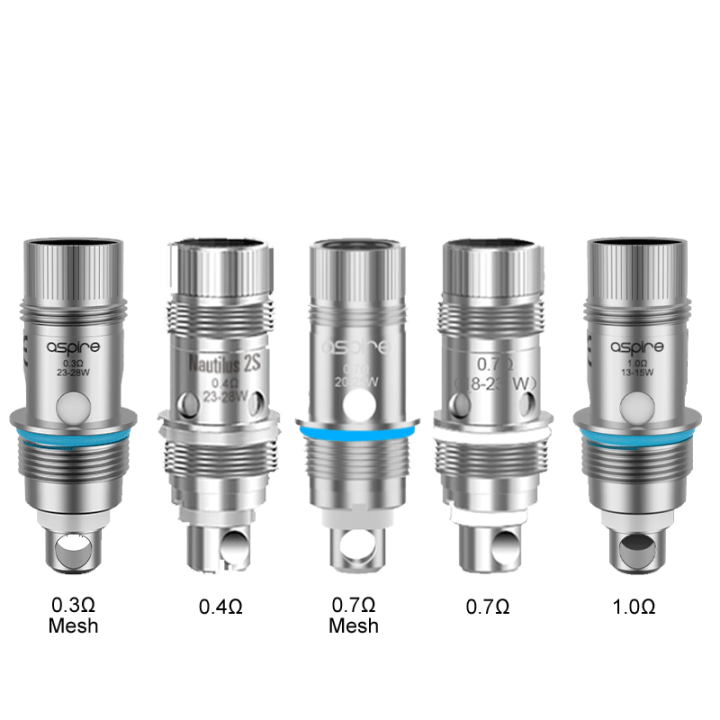 Résistances Nautilus Aspire Mesh 0.3, 2S 0.4, 2S Mesh 0.7, 0.7 et Mesh 1 ohm côte à côte