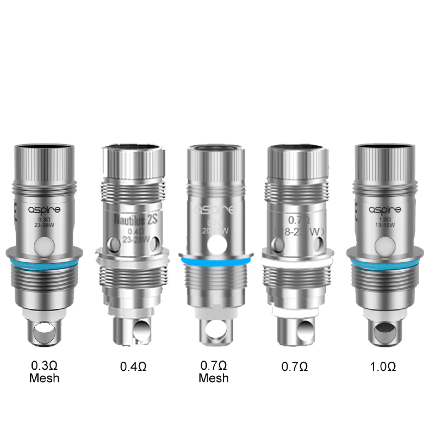 Résistances Nautilus Aspire Mesh 0.3, 2S 0.4, 2S Mesh 0.7, 0.7 et Mesh 1 ohm côte à côte