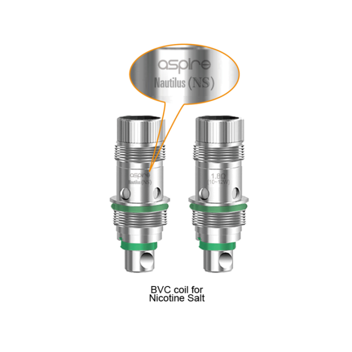 Deux résistances Nautilus AIO NS Aspire 1.8 ohm pour sels de nicotine, joint vert