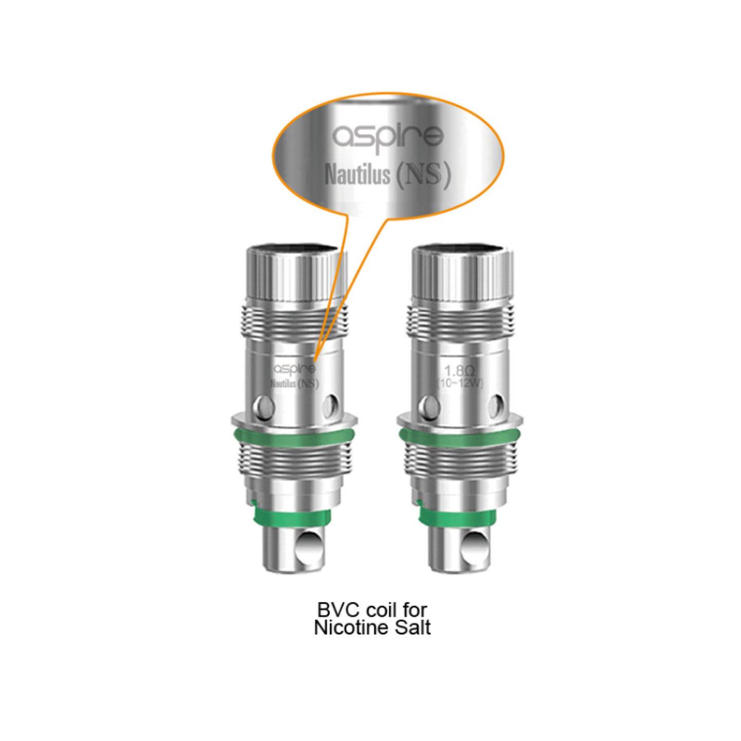 Deux résistances Nautilus AIO NS Aspire 1.8 ohm pour sels de nicotine, joint vert