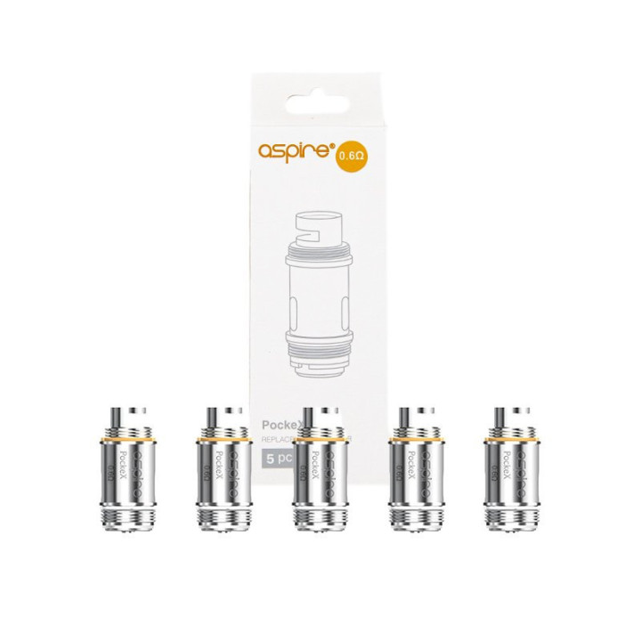 Boîte de 5 résistances PockeX Aspire 0.6 ohm avec les têtes devant