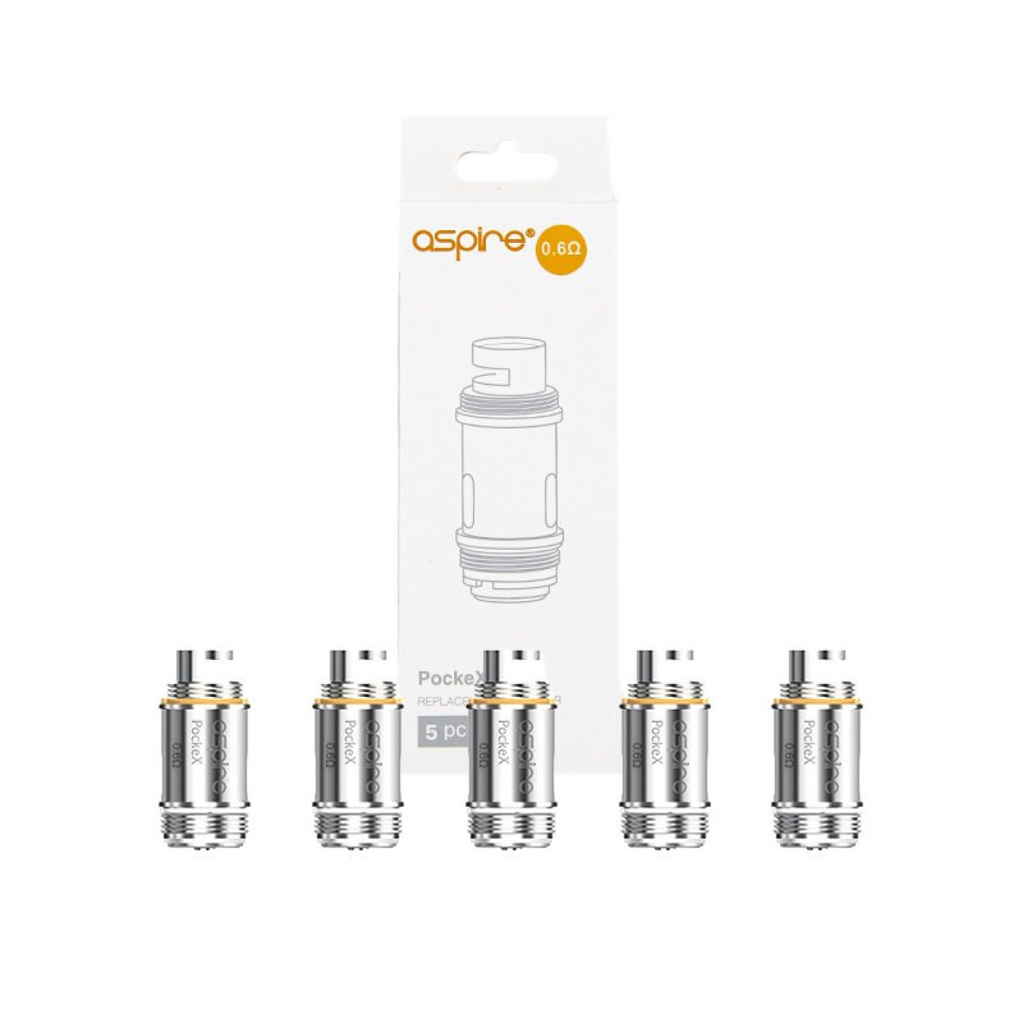 Boîte de 5 résistances PockeX Aspire 0.6 ohm avec les têtes devant