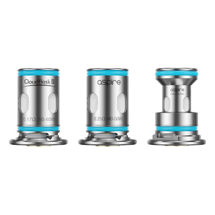 Trois résistances mesh Cloudflask Aspire gravées, vue de face