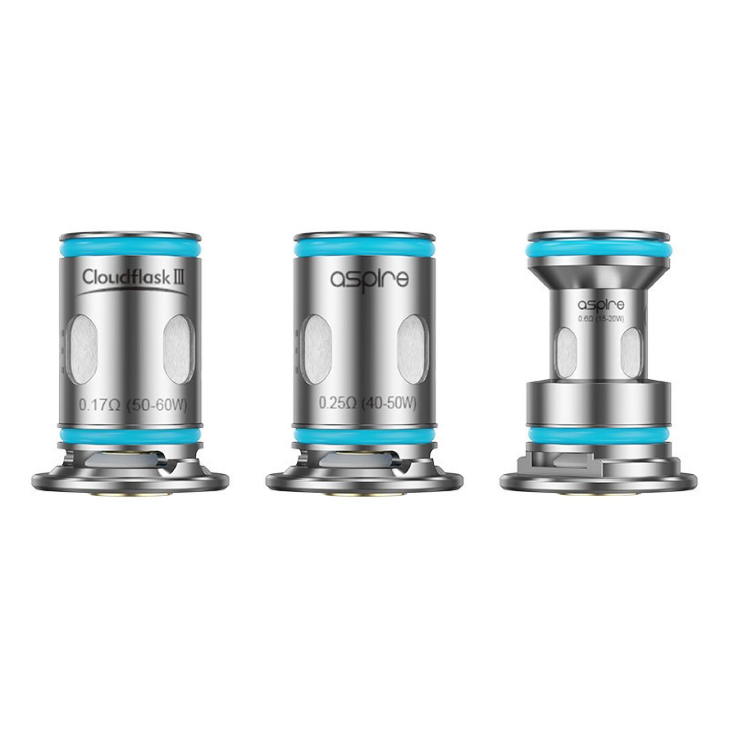 Trois résistances mesh Cloudflask Aspire gravées, vue de face
