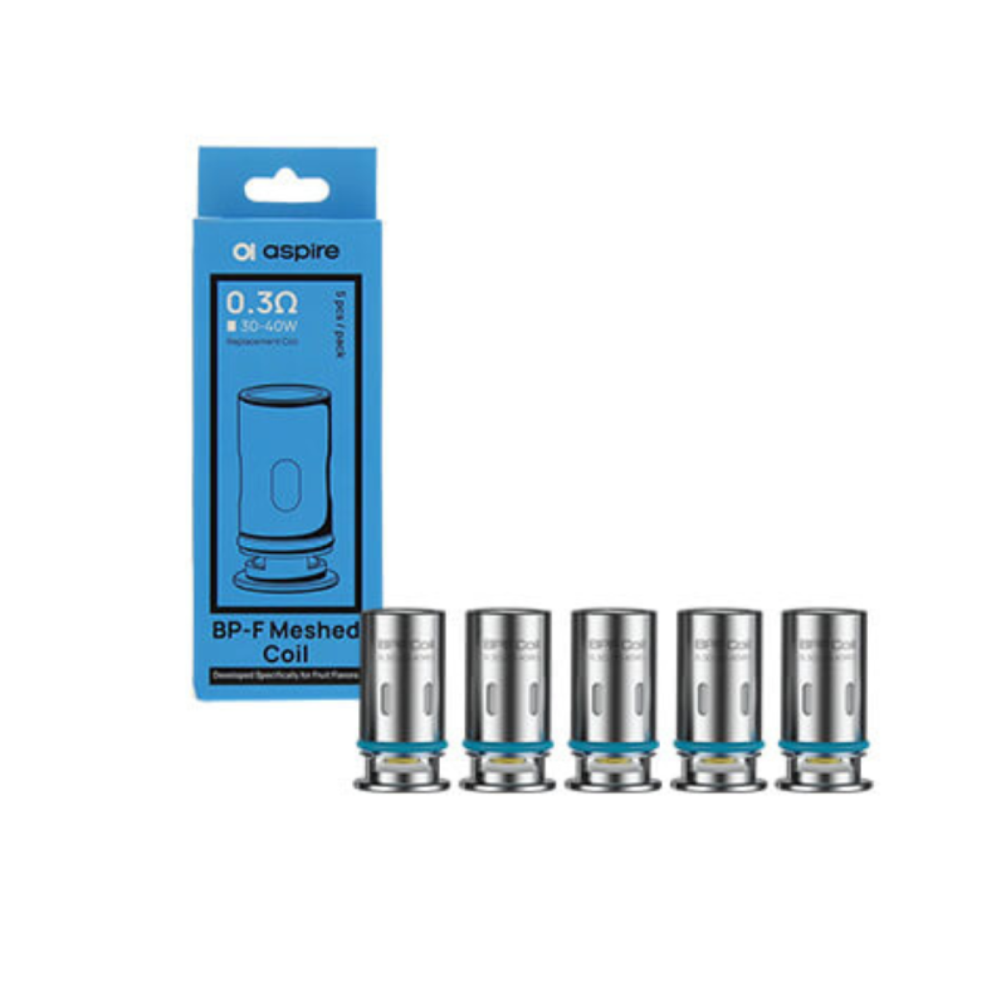 Boîte bleue de 5 résistances BP-F Meshed Aspire 0.3 ohm et les têtes