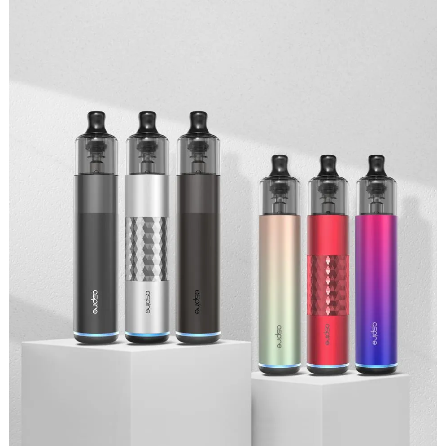 Six coloris du kit pod Flexus Stik Aspire debout sur deux socles