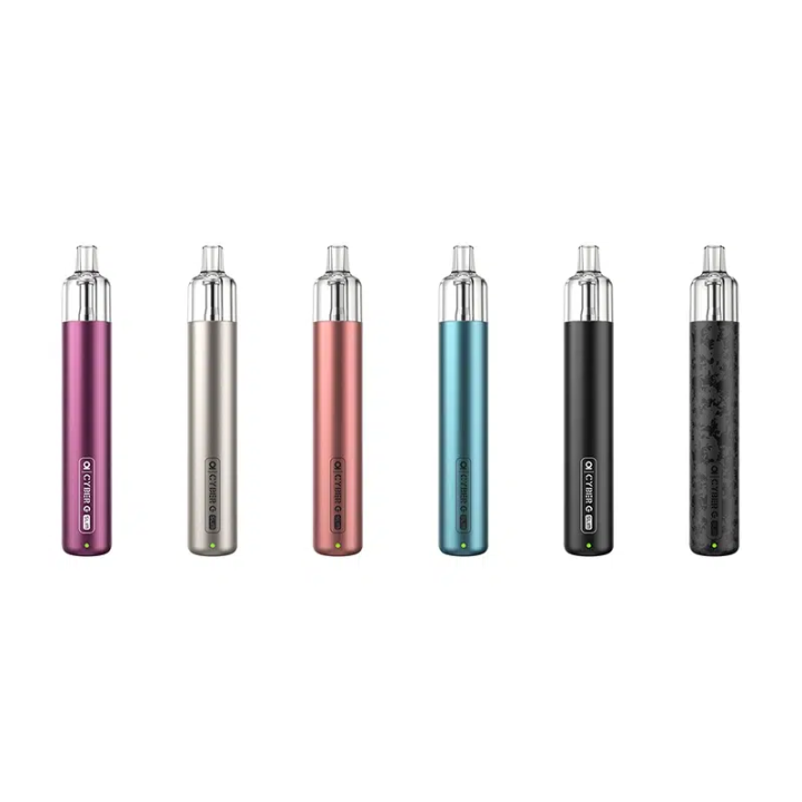 Six coloris du kit pod Cyber G Slim Aspire alignés, vue de face