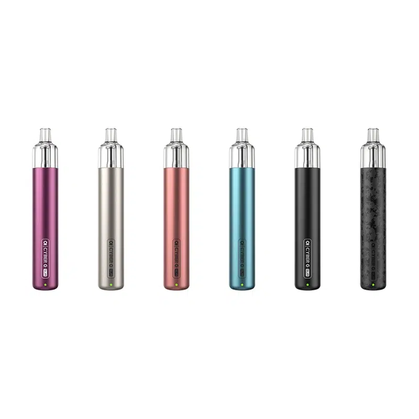 Six coloris du kit pod Cyber G Slim Aspire alignés, vue de face