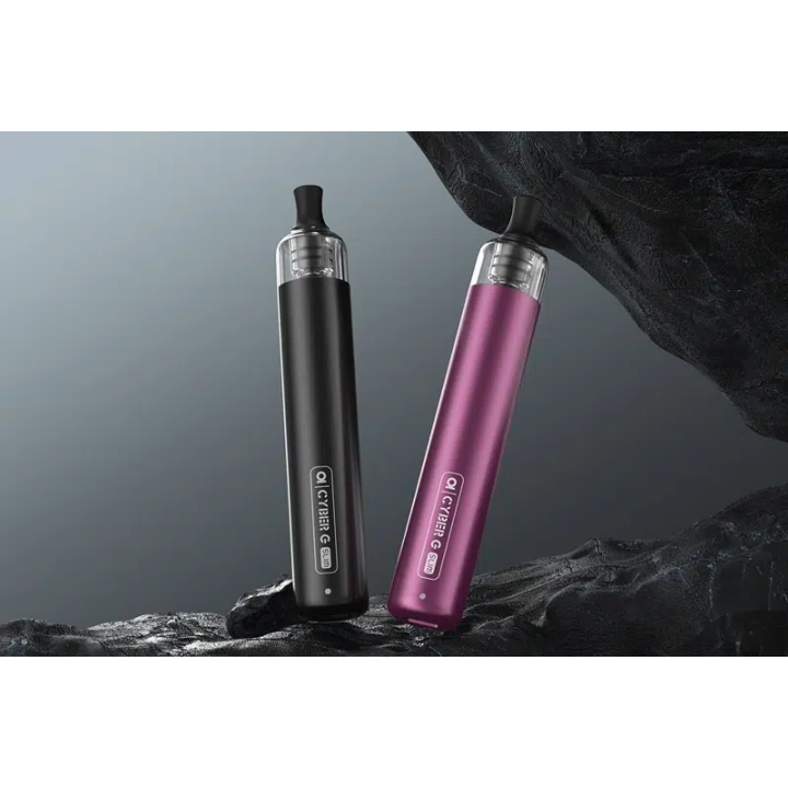 Cyber G Slim noir et violet posés sur une roche, cartouches TG Pod montées