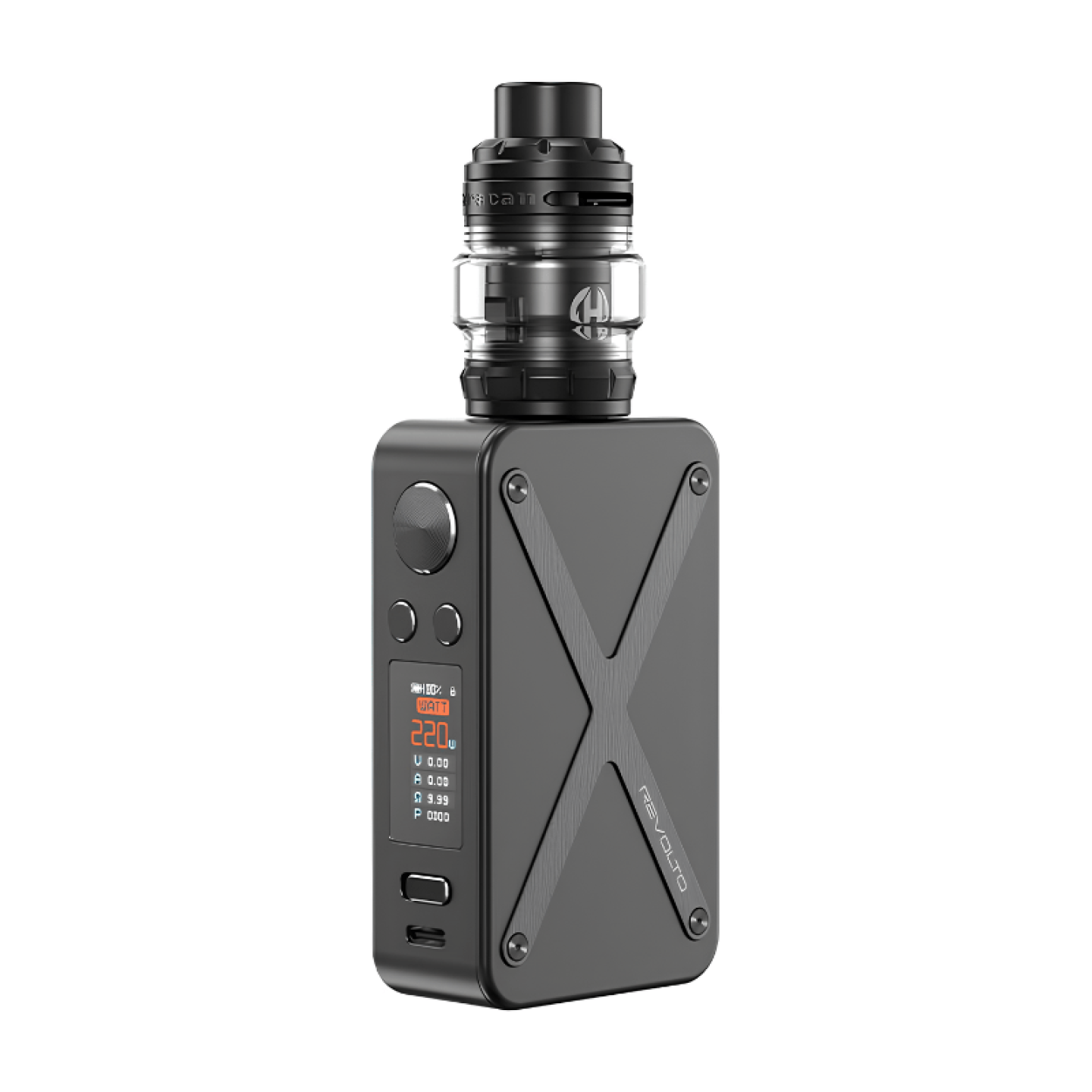 Kit Revolto Aspire coloris Full Black avec clearomiseur Huracan Tank, vue de face