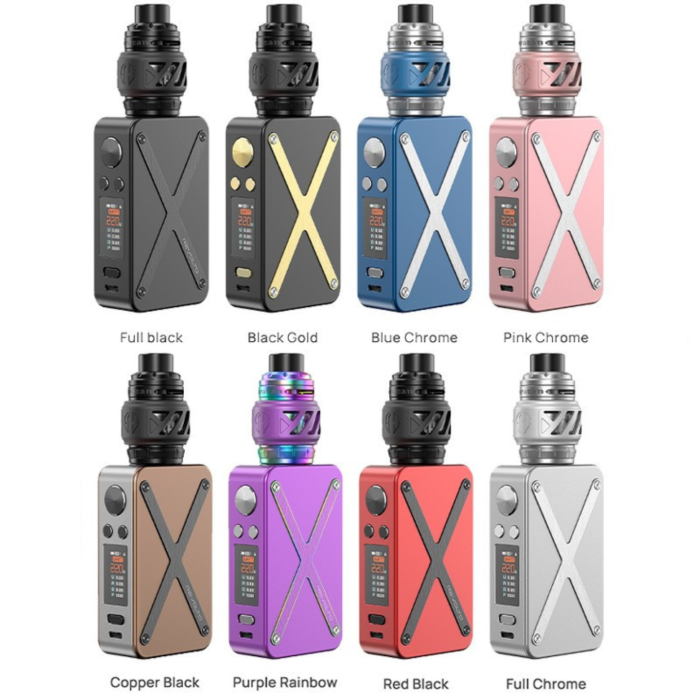 Les huit coloris du kit Revolto Aspire avec leur nom