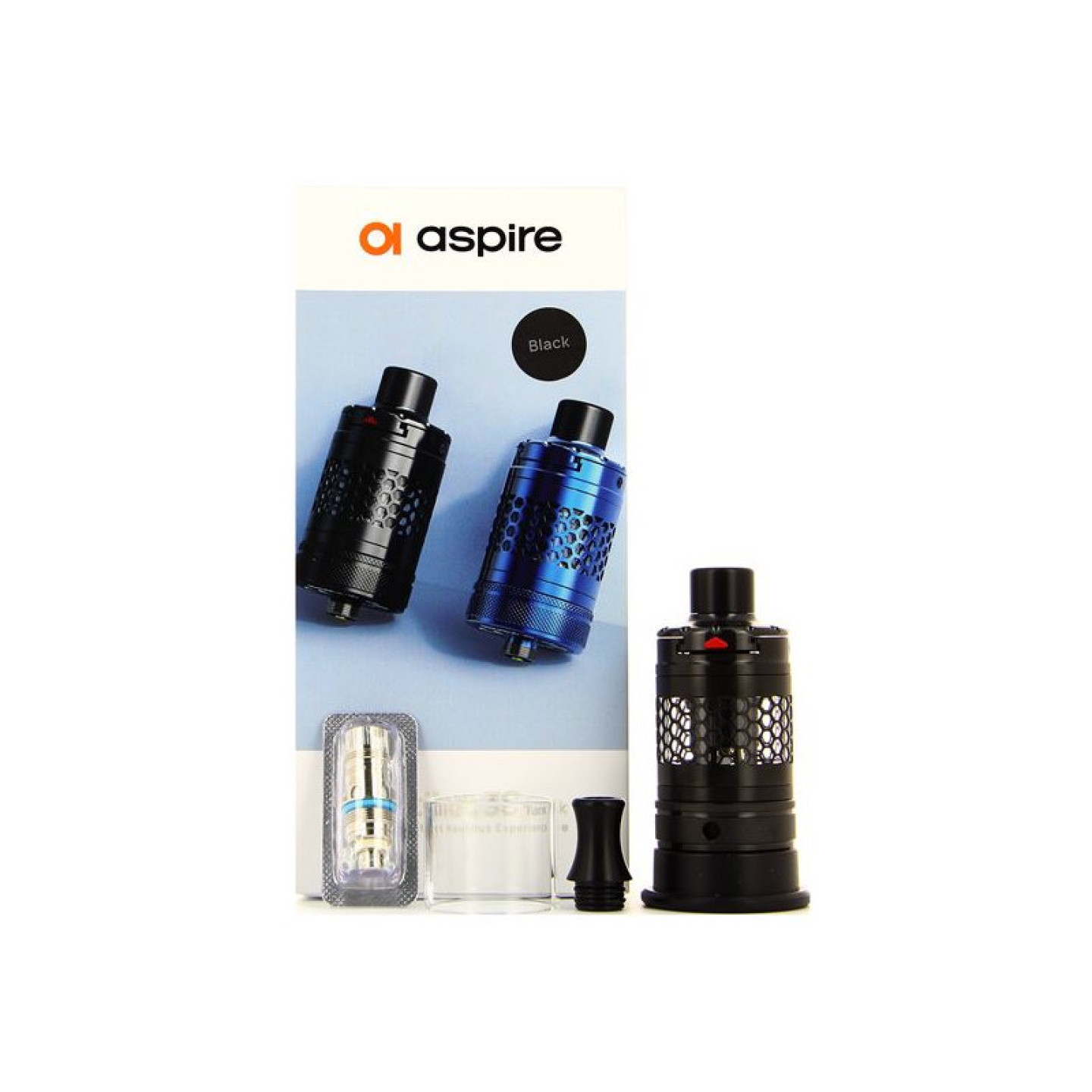 Contenu de la boîte du Nautilus 3S Aspire : clearomiseur, résistance, tube en verre et drip tip