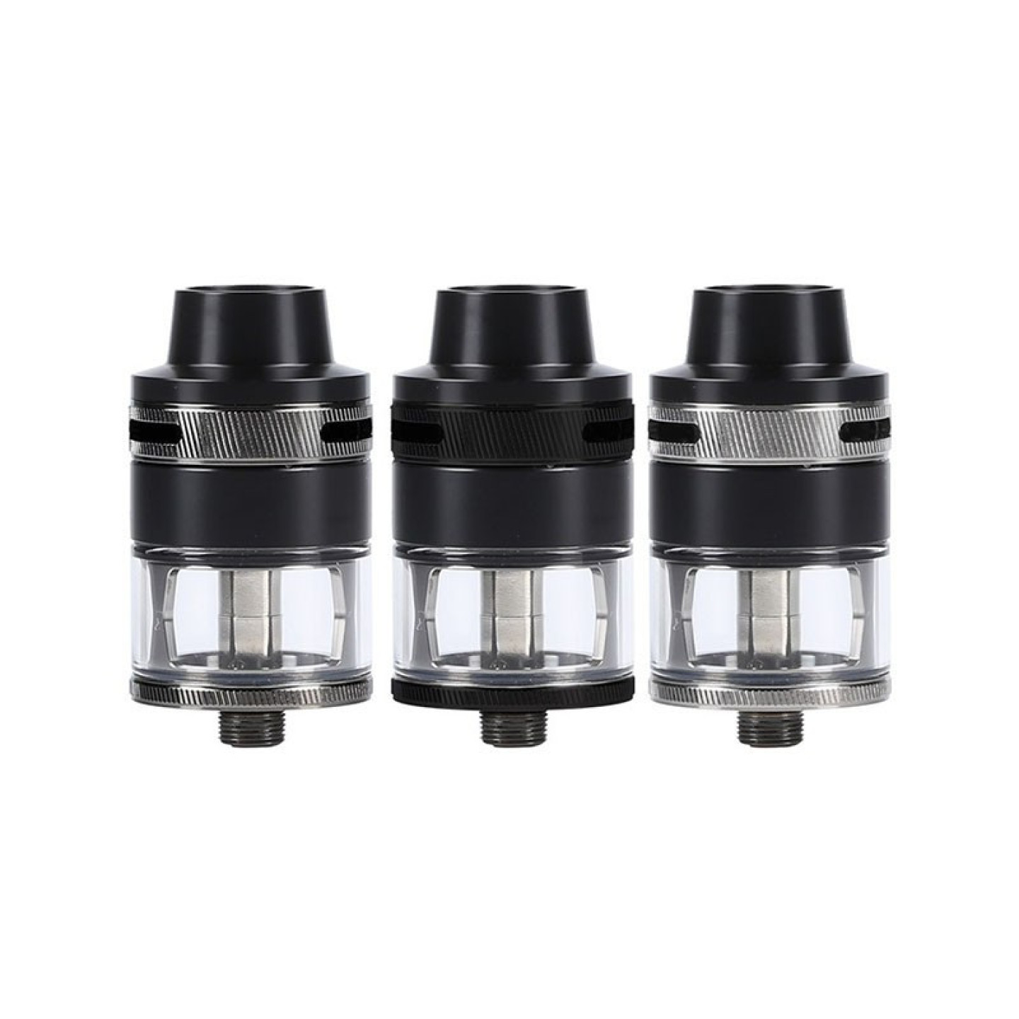 Trois clearomiseurs Revvo Aspire de face, finitions acier et noir