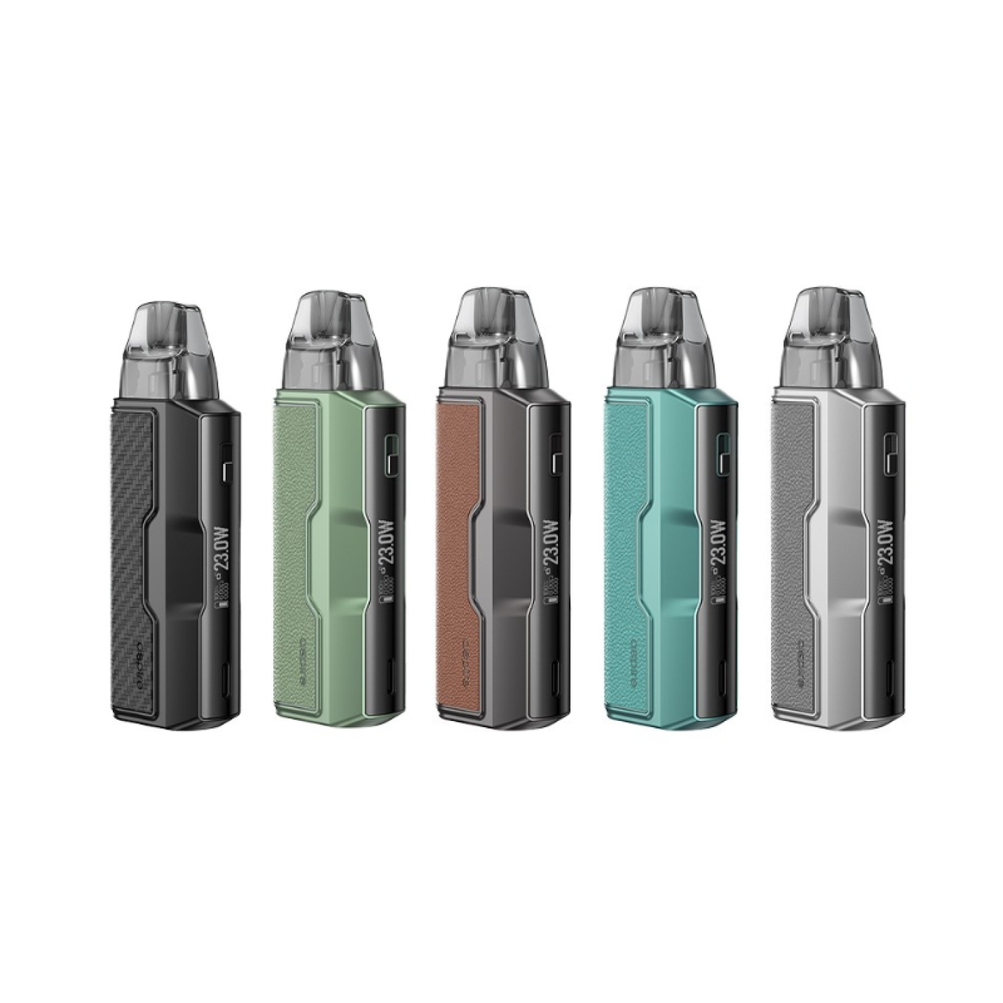 Les cinq coloris du kit pod Pulz Pro Aspire côte à côte