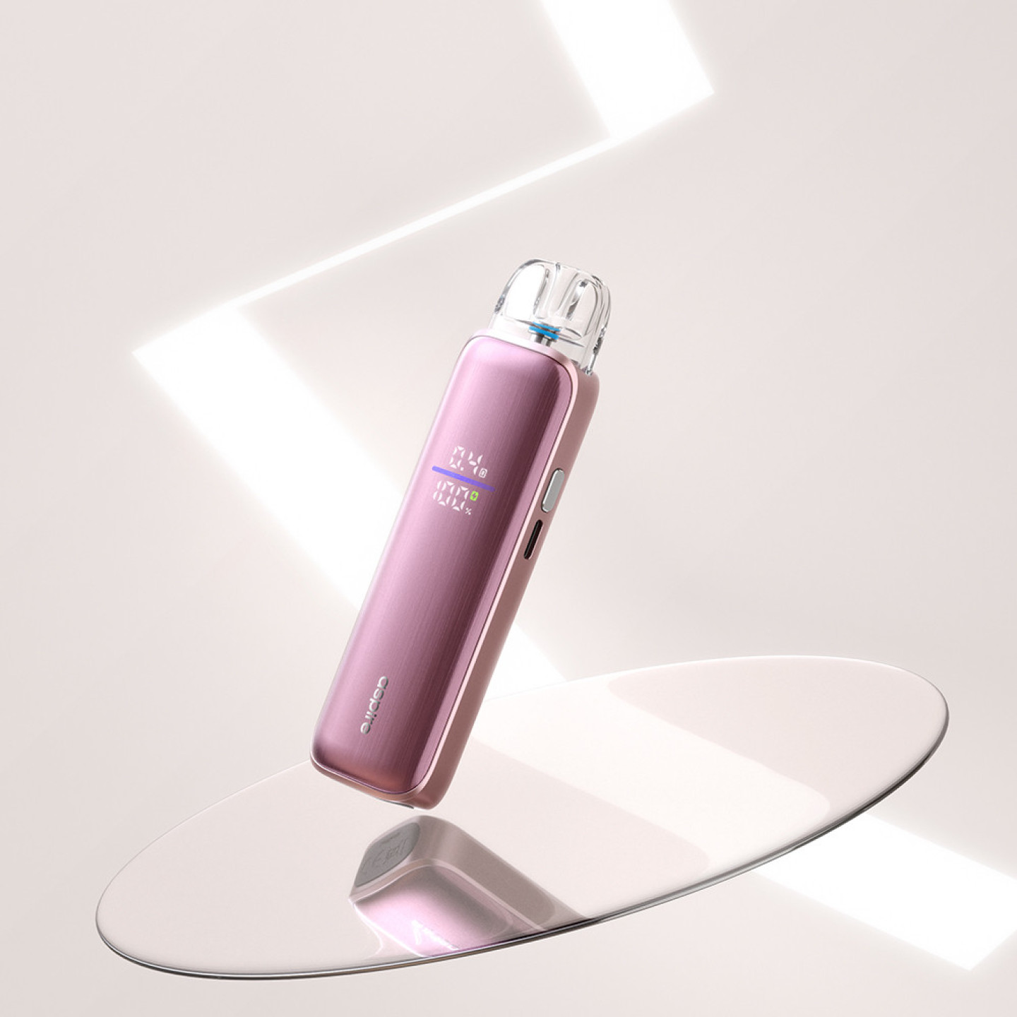 Pixo Max Aspire Brushed Pink vu de trois quarts, écran et cartouche
