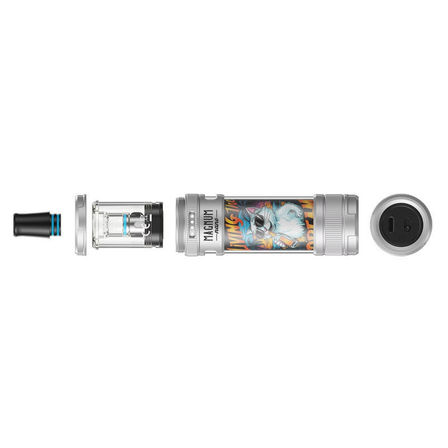 Magnum Nano démonté : embout, cartouche, corps de l'appareil et base