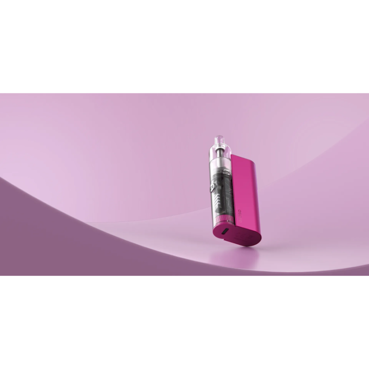 Cyber GT Aspire coloris Pink posé sur un décor rose, cartouche transparente visible